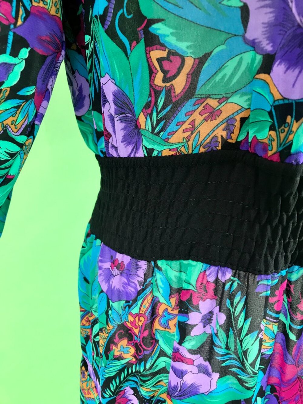 Vintage 80s Diane Freis Bold Dark Floral Pleated Georgette Dress Size Large - Picture 4 of 10